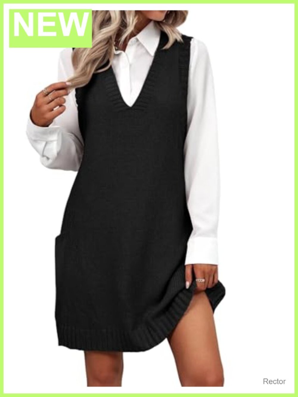 Sleeveless V Neck Sweater Vest Dress with Pockets Knitted Acrylic Pullover